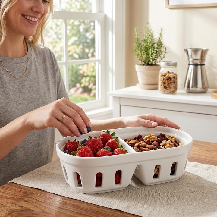 Keramik-Obstkorb, Keramik-Beerenschale mit Drainagelöchern mit Zwei Fächern, Obstkorb für Snacks und