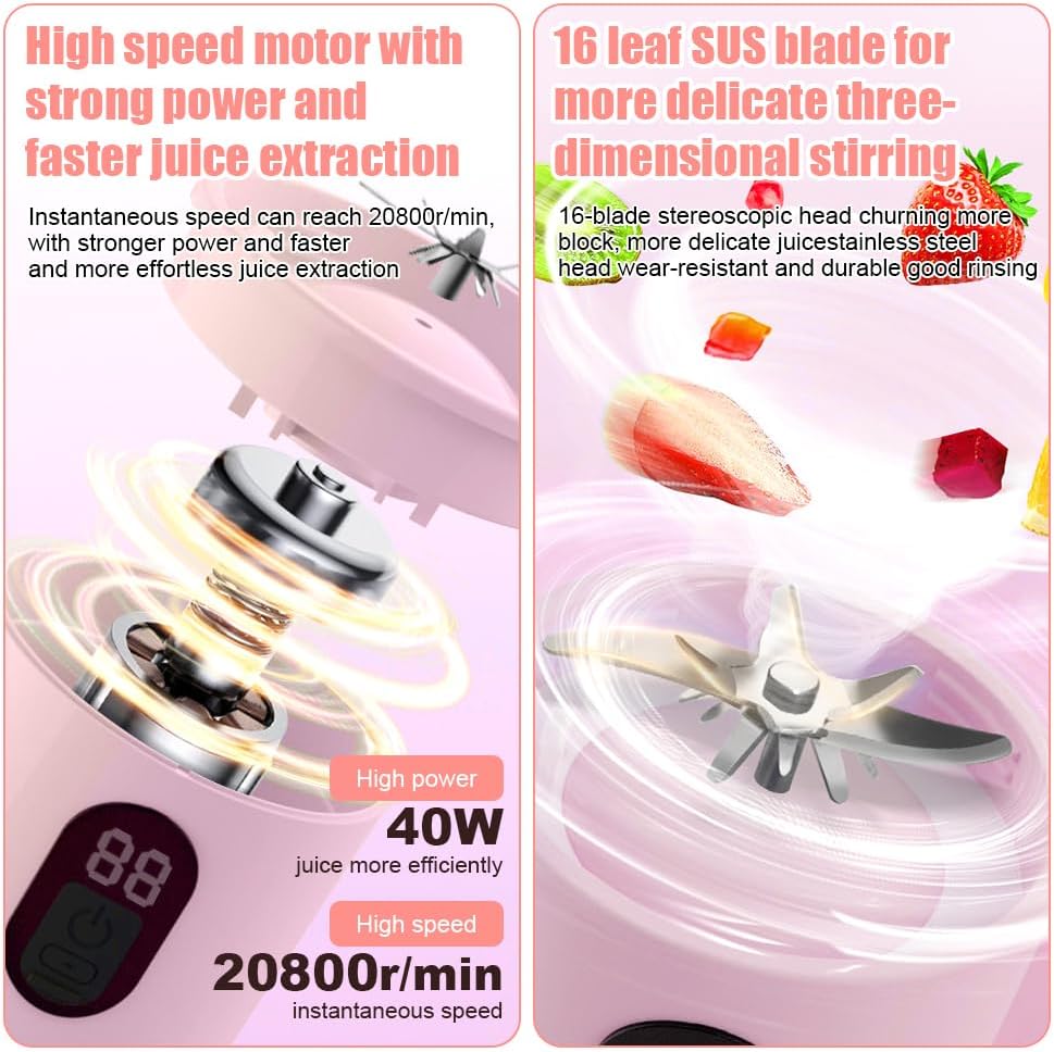 Tragbarer Mixer, 500ML Mixer Smoothie Maker to Go Mit 16-Blatt &Digitalanzeige, Portable Blender USB