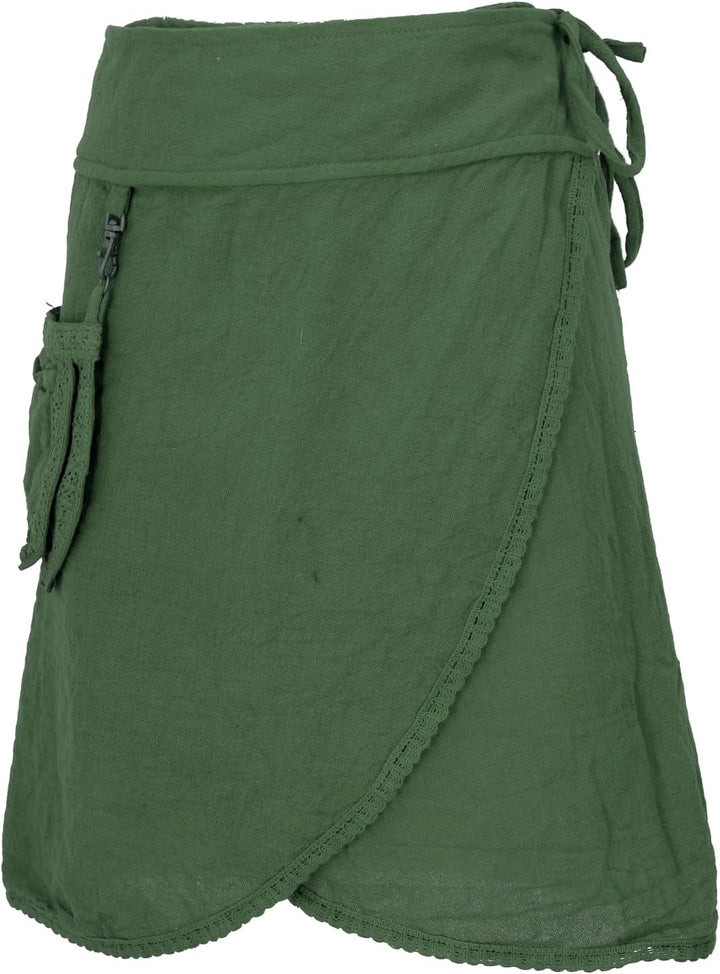 GURU SHOP Pixi Festival Minirock, Natürlicher Ethno Wickelrock mit Tasche, Spitze, Damen, Grün, Baum