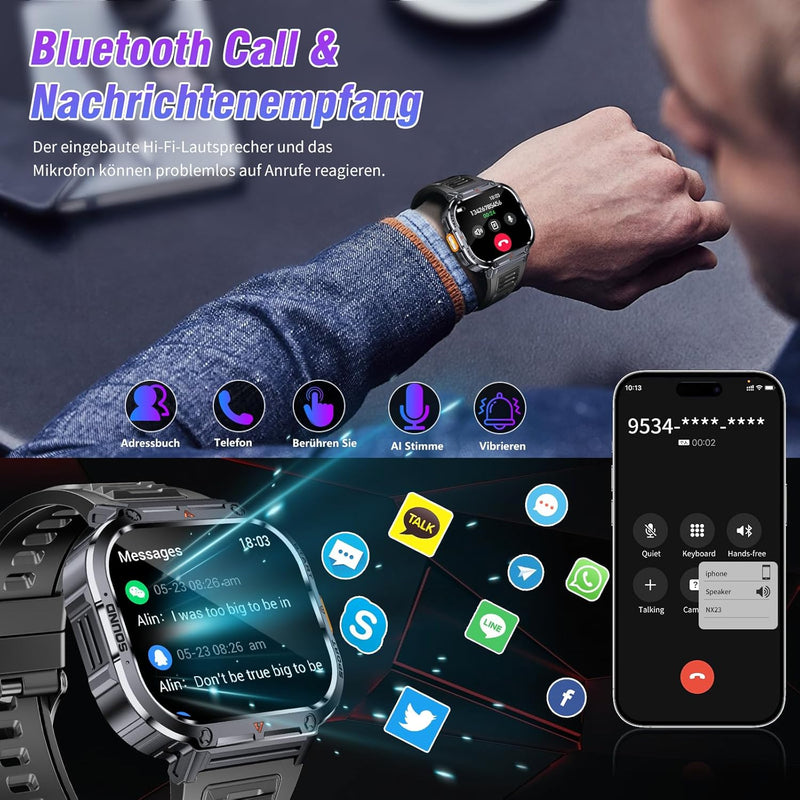 Smartwatch Herren mit Telefonfunktion, 2.0" HD Militär Uhr mit LED Taschenlampe/IP68 Wasserdicht, 10