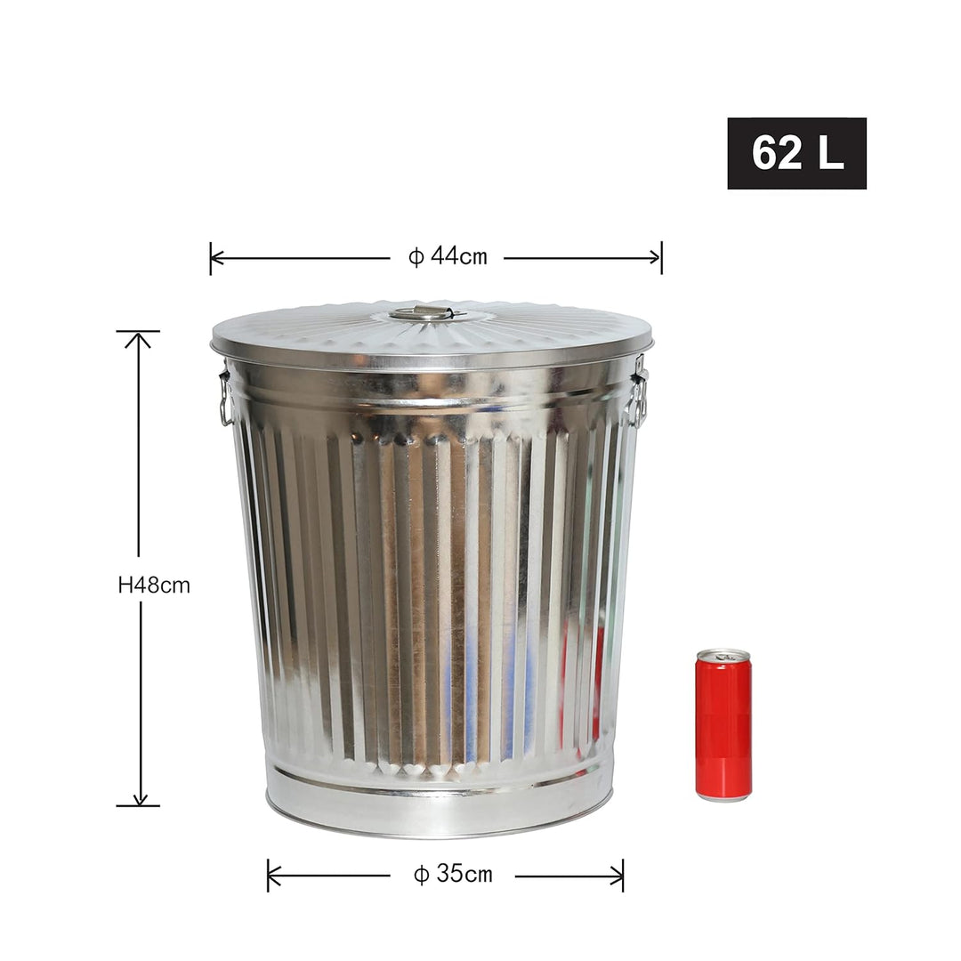 Jinfa 1er-Set Retrodesign verzinkter Metalleimer mit Griffen und Deckel + 5 Müllbeutel | Zink | 62L