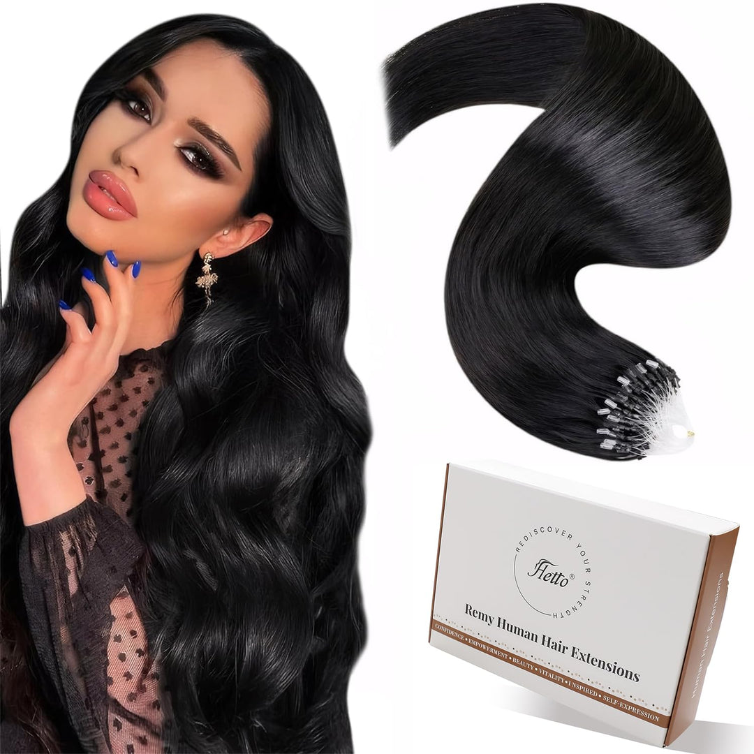 Hetto Microring Extensions Echthaar 45cm 50g Schwarz Haarverlängerung Microring Echthaar Extensions