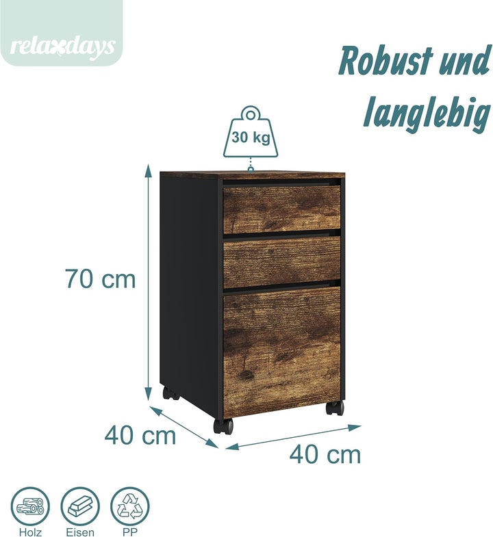 Relaxdays Rollcontainer, 3 Schubladen, Hängeregister, HxBxT: 70 x 40 x 40 cm, Aktenschrank auf Rolle