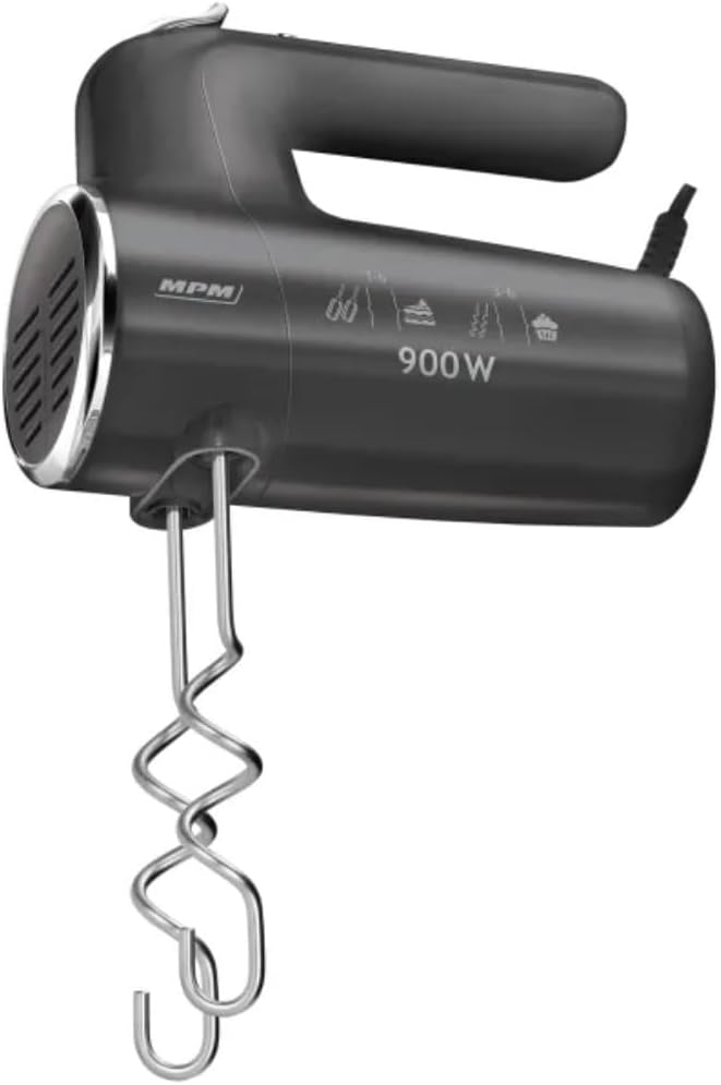 MPM Handmixer mit 2 Rührbesen und 2 Knethaken - 6 Geschwindigkeiten mit Turbotaste - 900 W - Anthraz