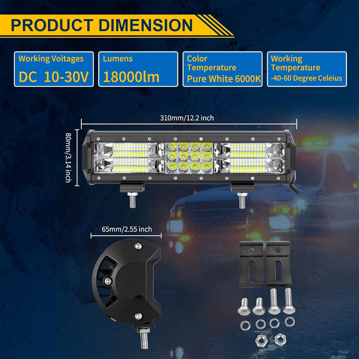 Willpower 30cm 180W LED Arbeitsscheinwerfer Bar LED Scheinwerfer 12V 24V mit Kabelbaum Flutlicht Ref