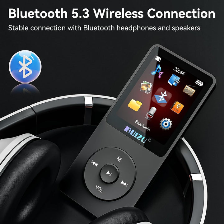 RUIZU MP3 Player 64GB Bluetooth 5.3 mit Tastensteuerung Schwarz, Schwarz