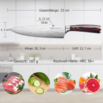 PAUDIN Kochmesser, Klingenlänge 20cm Profi Küchenmesser Messer Chefmesser Allzweckmesser aus hochwer