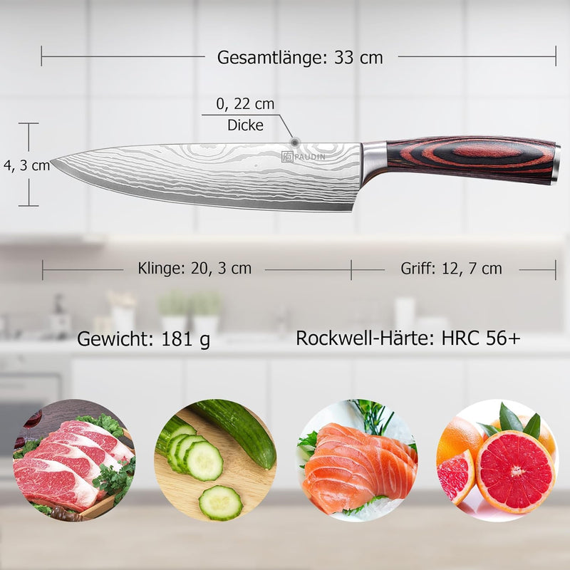 PAUDIN Kochmesser, Klingenlänge 20cm Profi Küchenmesser Messer Chefmesser Allzweckmesser aus hochwer