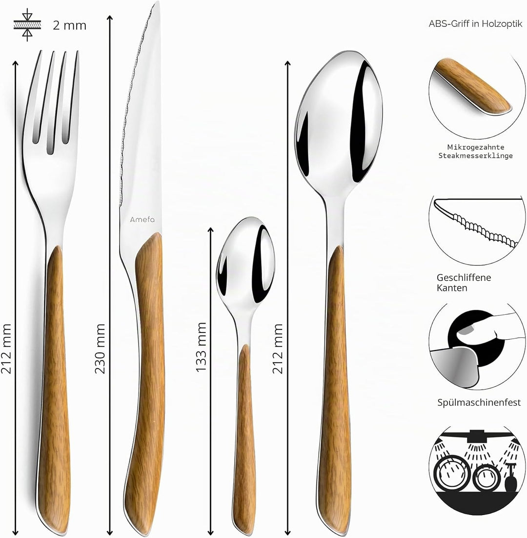 Amefa ECLAT Nature Besteckset, 24-teilig, Besteck Set für 6 Personen, braune Holz-Griffe, Spülmaschi