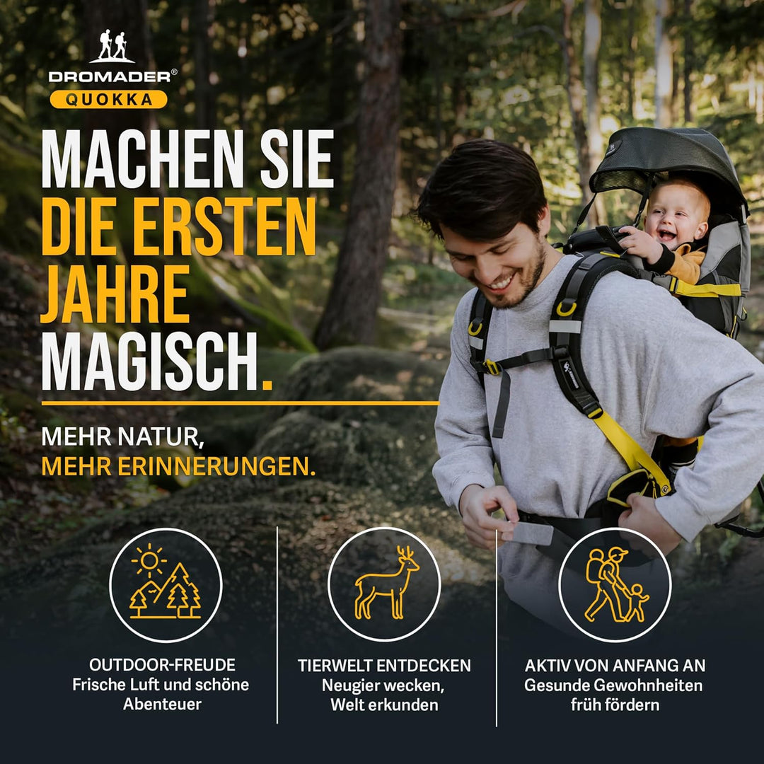Dromader Kraxe Kindertrage bis 22kg - Baby Rückentrage Wandern mit Sonnendach Regenschutz - Babytrag