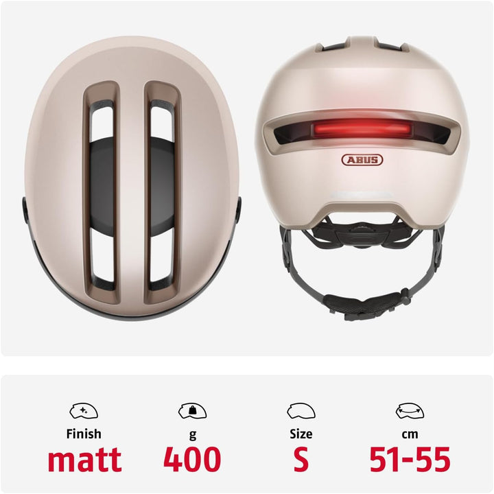 ABUS Stadthelm HUD-Y ACE - stylischer Fahrradhelm mit Visier und magnetischem, aufladbarem LED-Rückl