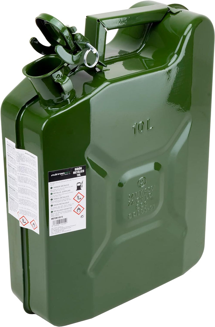 Motorkit 10 Liter Kraftstoffkanister aus Metall mit Bajonettverschluss. Benzinkanister Farbe Olivgrü