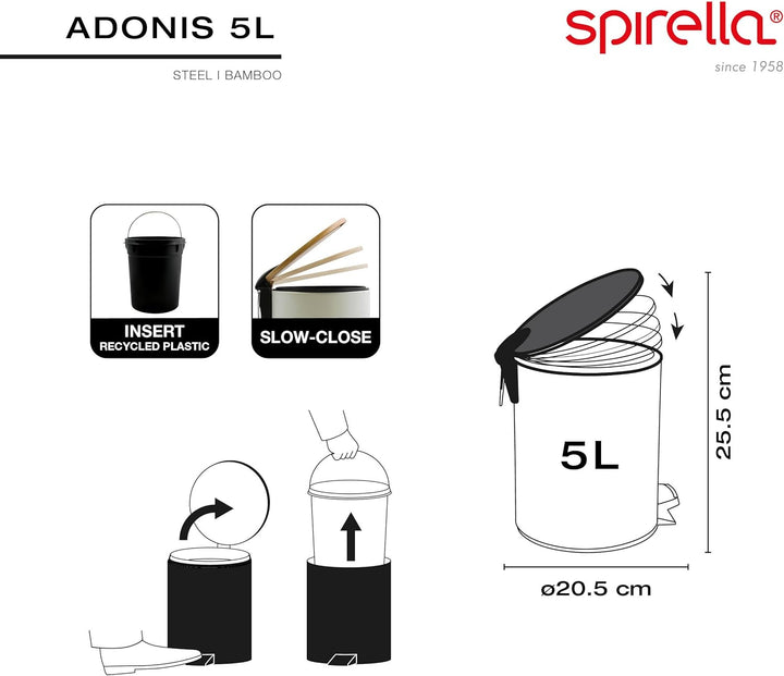 Spirella - Treteimer Adonis - Edelstahl und Bambus - Geräuschloser Deckel mit Soft-Close-Funktion -