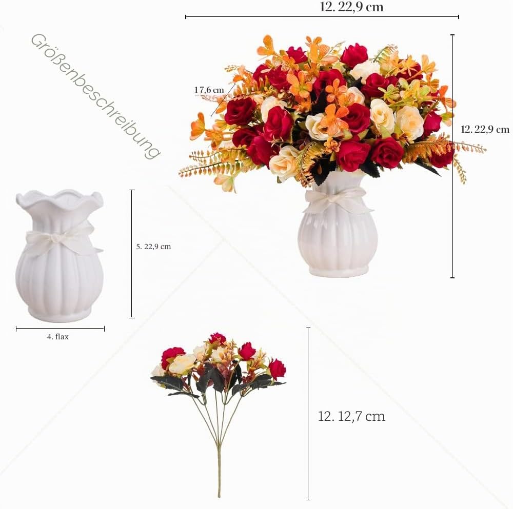 LESING Künstliche Kunstblumen mit Vase, Seide, künstliche Rosen, Hochzeitsblumen, Blumensträusse für