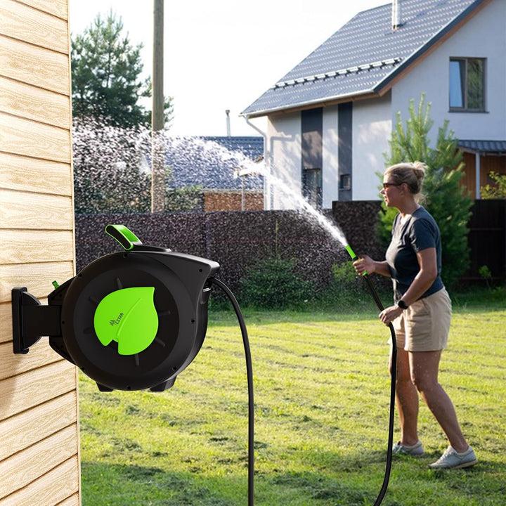 Schlauchtrommel 30m+2m, Wandmontage Schlauchbox mit Aufroll-Automatik & 180° Schwenkbar, Inkl Spritz
