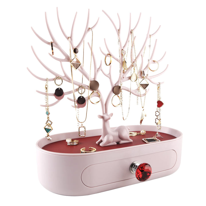 MORE&LESS Rotes Kunstleder Roter Kristall Griff Hirsch Ornament Display Rack Ring Ohrringe Halskette