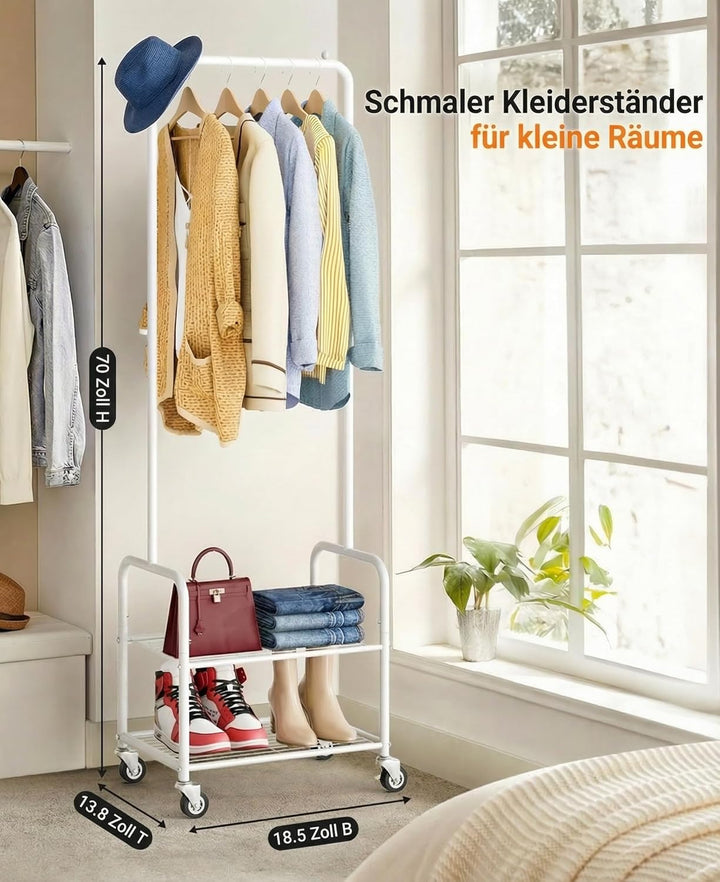 MISSLO Klein Kleiderstange mit Aufbewahrungsgitter, Stabil Kleiderständer auf Rollen, Schmal Metall