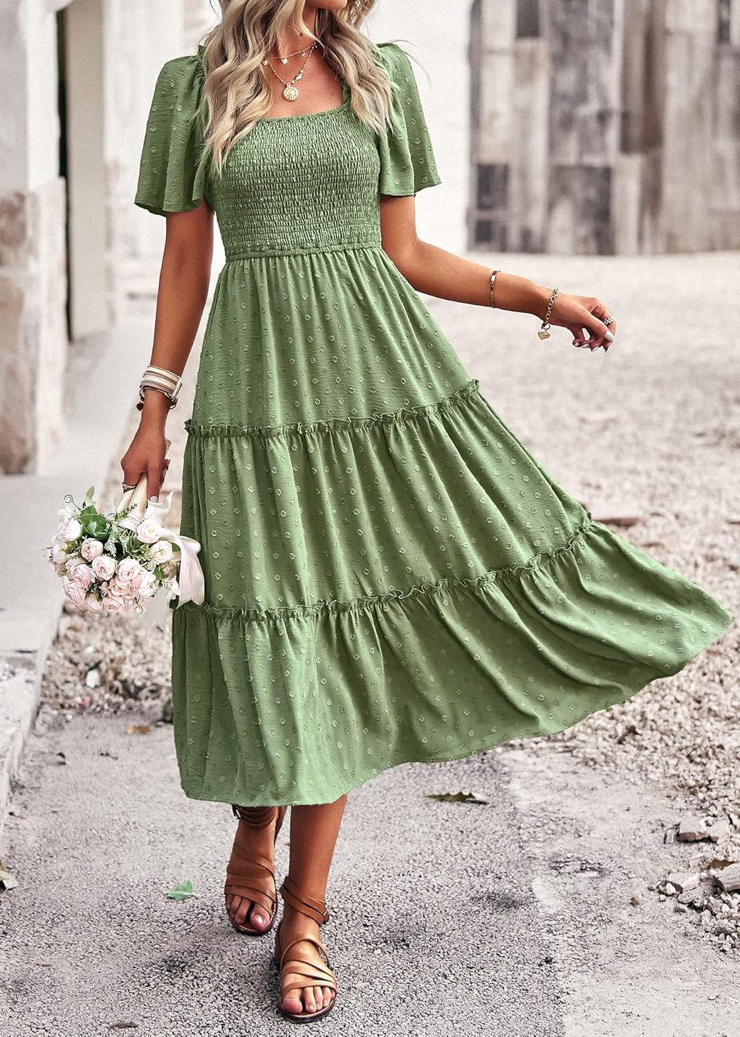 Damen Smocked Midi Kleid Kurzarm U-Ausschnitt Sommerkleid A-Linie Maxikleid Cocktail XL Grün, XL Grü