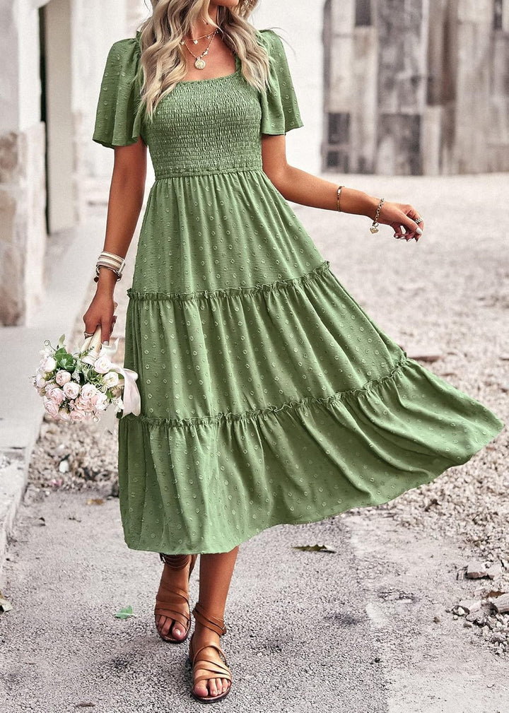 Damen Smocked Midi Kleid Kurzarm U-Ausschnitt Sommerkleid A-Linie Maxikleid Cocktail XL Grün, XL Grü