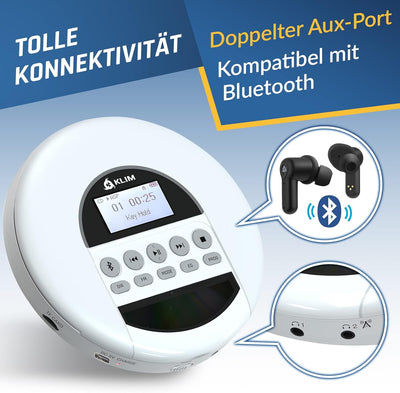 KLIM Nomad - NEU 2024 - Tragbarer CD-Player Discman mit langlebigem Akku - Inklusive Kopfhörer - Kom