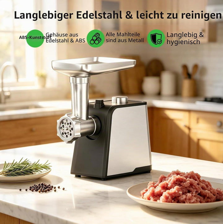 Elektrischer Fleischwolf 3 in 1 mit Wurstfüller, 3200W Fleischwolf Edelstahl, Wurstmacher mit 3 Wurs