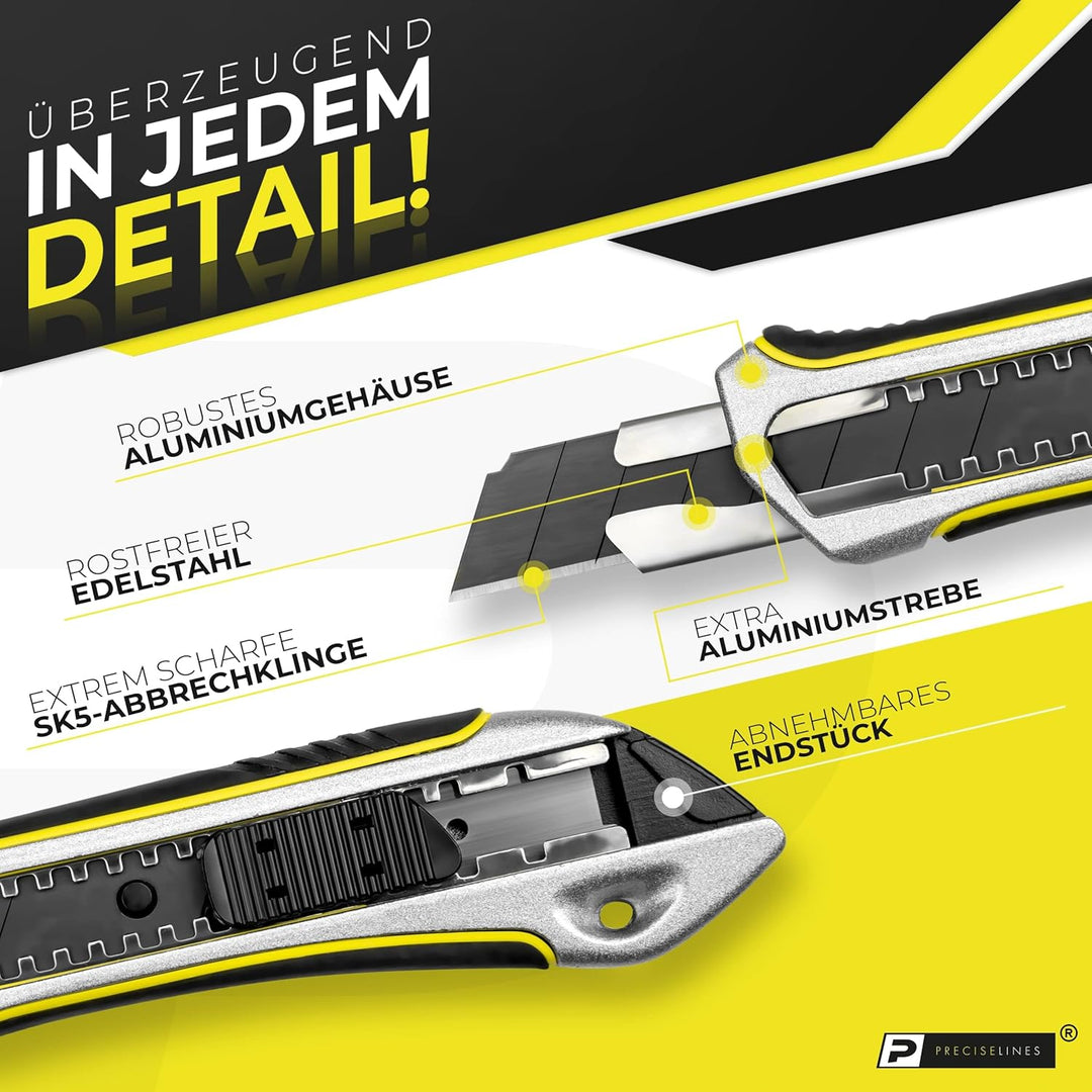 Precise Lines [3er Set] Profi Cuttermesser 18mm | Heavy-Duty-Gehäuse mit versenktem Schieberegler un