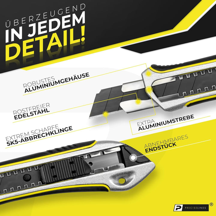 Precise Lines [3er Set] Profi Cuttermesser 18mm | Heavy-Duty-Gehäuse mit versenktem Schieberegler un