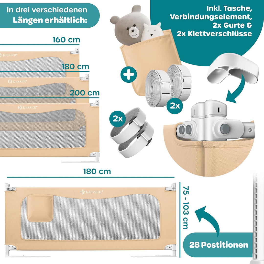 KESSER® Bettschutzgitter 180 cm, Bettgitter Kinderbett höhenverstellbar | Rausfallschutz Bett für Ba