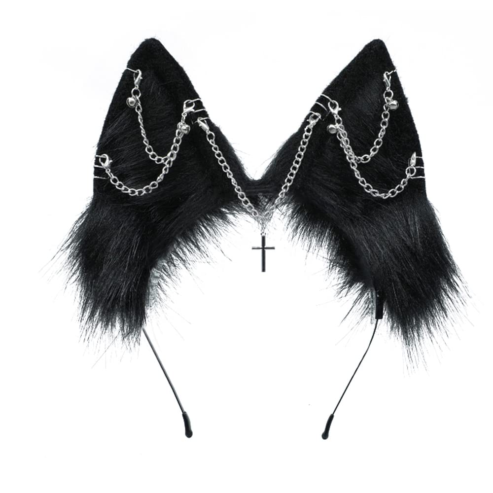 VIGVAN Handgemachte Wolf Fuchs Ohren Cosplay Kopf Zubehör Kawaii Haarband (Kette Schwarz), Kette Sch