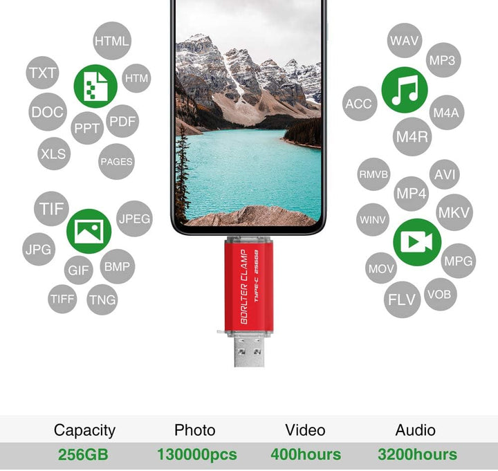BORLTER CLAMP Type C USB-Stick 256GB OTG 2 in 1 Speicherstick Dual-Port USB 3.0 Flash-Laufwerk mit U