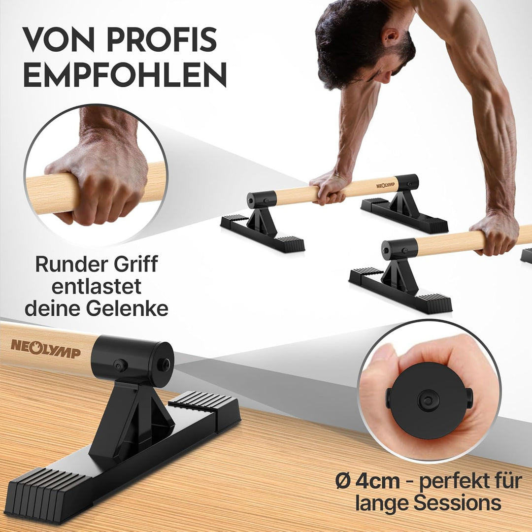 NEOLYMP 2er Set handgelenkschonende Holz Liegestützgriffe mit Calisthenics-Übungen - handgefertigten
