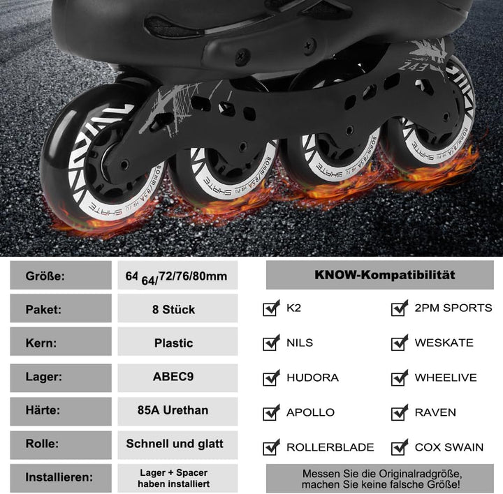 Inline Skate Rollen 80mm 76mm 72mm - 8 Stück Inline Skate Räder 85a inliner rollen mit kugellager AB