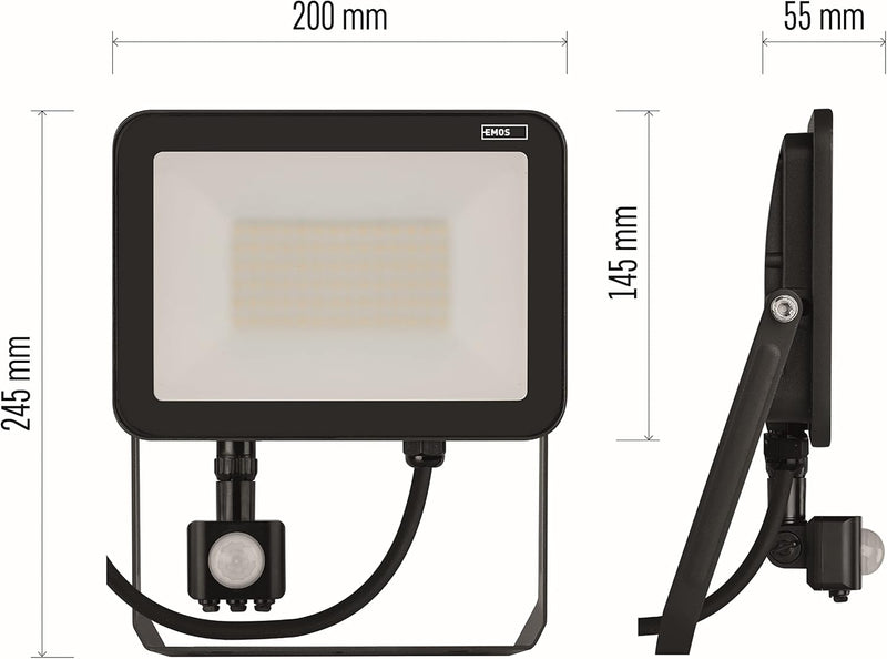 EMOS LED Strahler Profi 20W mit Bewegungsmelder, wasserdichtes Alu Flutlicht für Innen und Aussen, H