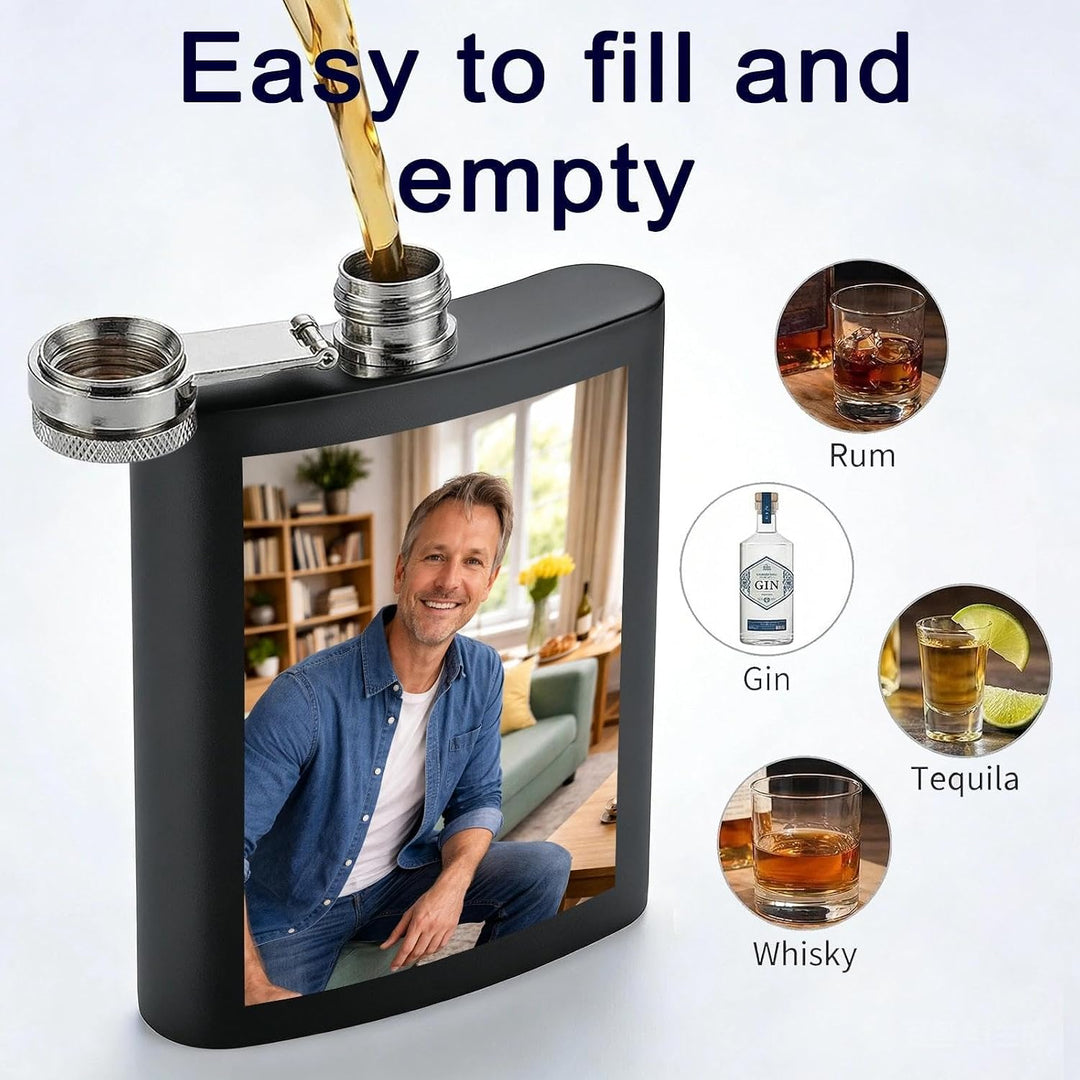 Personalisiert Flachmann mit Foto - Flachmann Edelstahl - Geeignet für Whiskey Rum und Wodka Partys