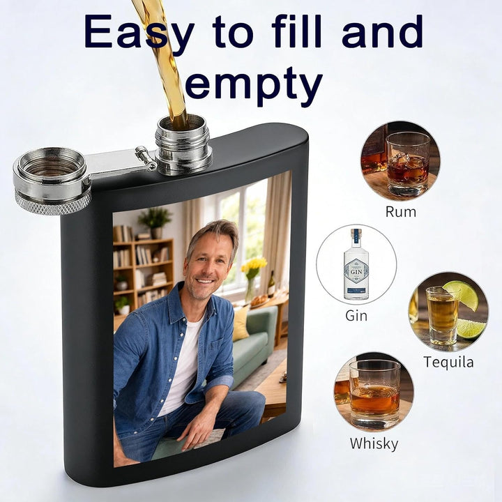 Personalisiert Flachmann mit Foto - Flachmann Edelstahl - Geeignet für Whiskey Rum und Wodka Partys