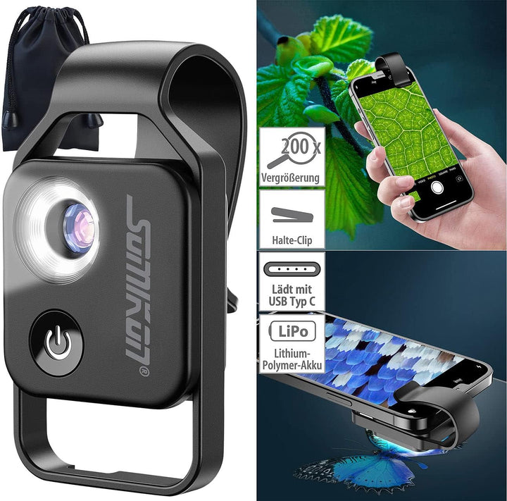 Somikon Handylupe: Mikroskop-Vorsatzlinse für Smartphones, 200-fache Vergrösserung, 6 LEDs (Microsco