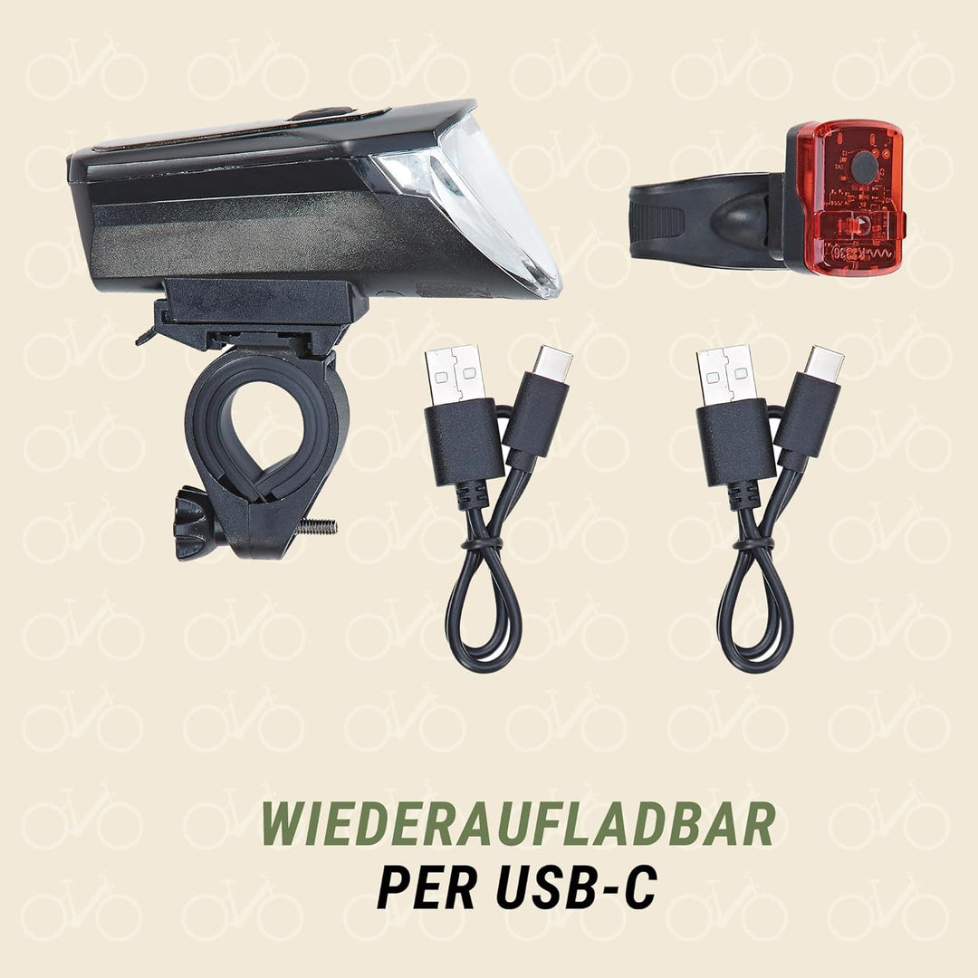 PROPHETE Fahrrad LED Akku-Beleuchtungsset – 70 Lux Scheinwerfer mit OSRAM LEDs, USB-C Wiederaufladba