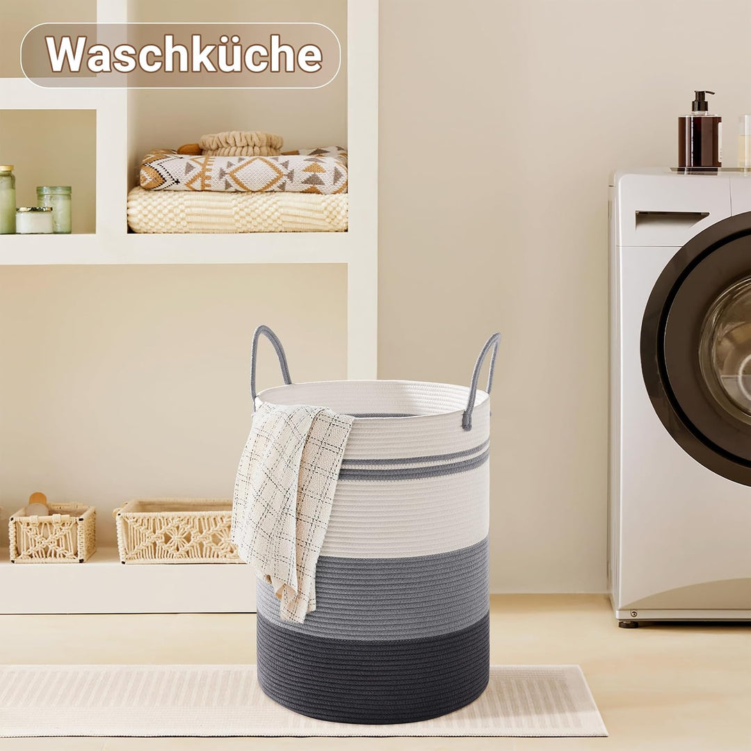53L Wäschekorb Klein Geflochten mit Henkel Rund, Grauverlauf | Baumwollhenkel Aufbewahrungskorb Für