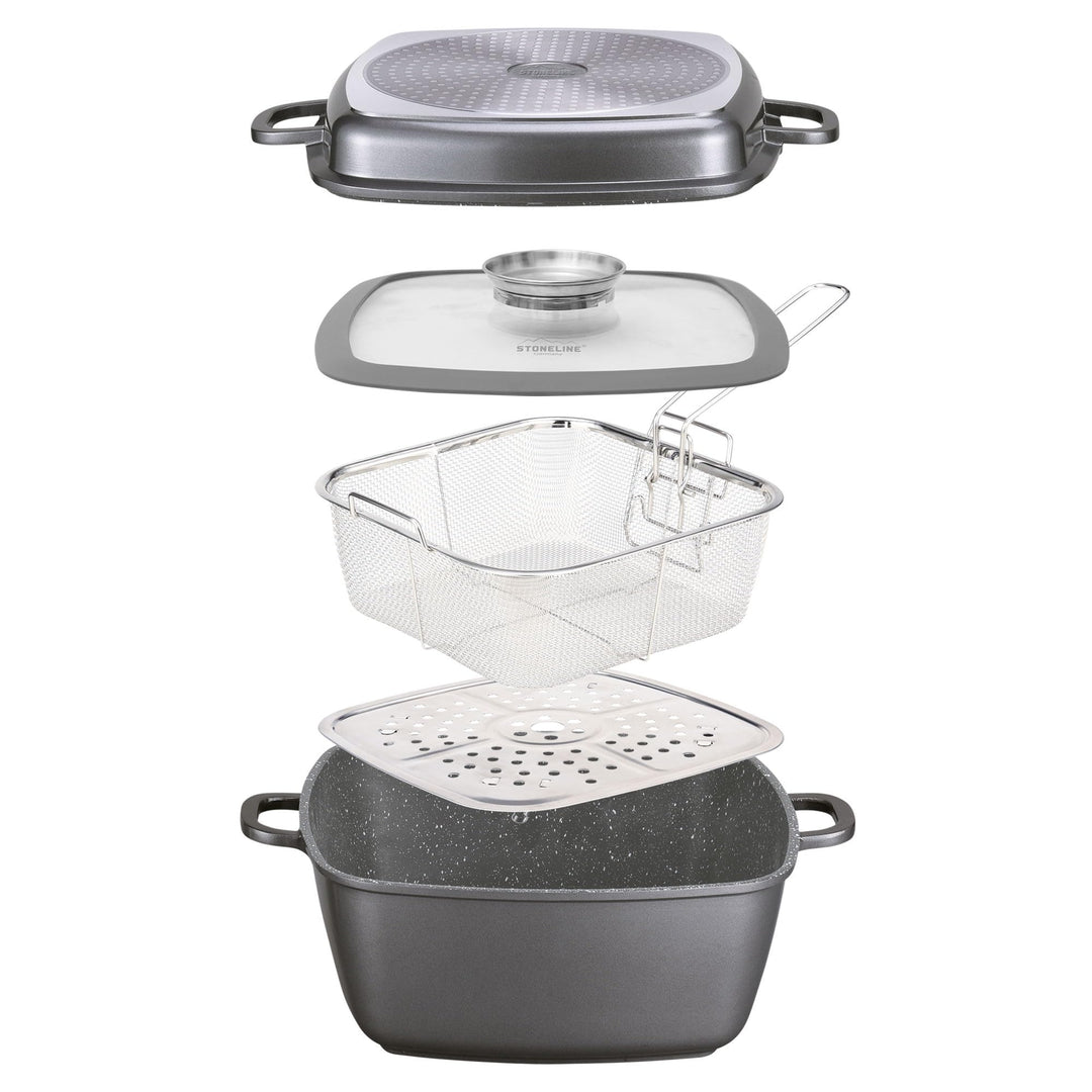 STONELINE® Multi-Eckpfanne, 28 x 28 cm, mit Dampf- und Frittierfunktion, induktionsgeeignet, Aluguss