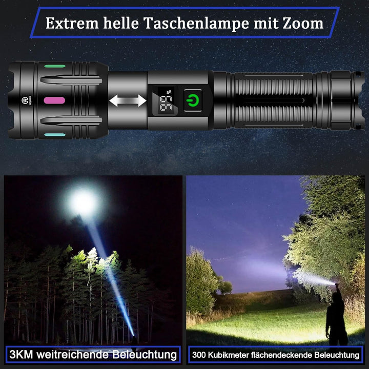 Jayxinli Taschenlampe 500000 Lumen, Aufladbar, Extrem Hell, Starke, Zoombar, 5 Lichtmodi für Camping