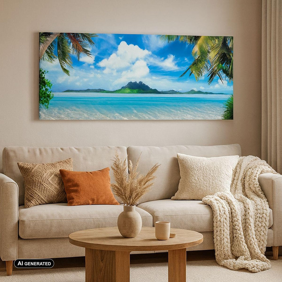 Wandbilder Dekoration Wohnzimmer Strand Urlaub Insel Palme Panorama Bilder auf Leinwand 120x50cm Lei