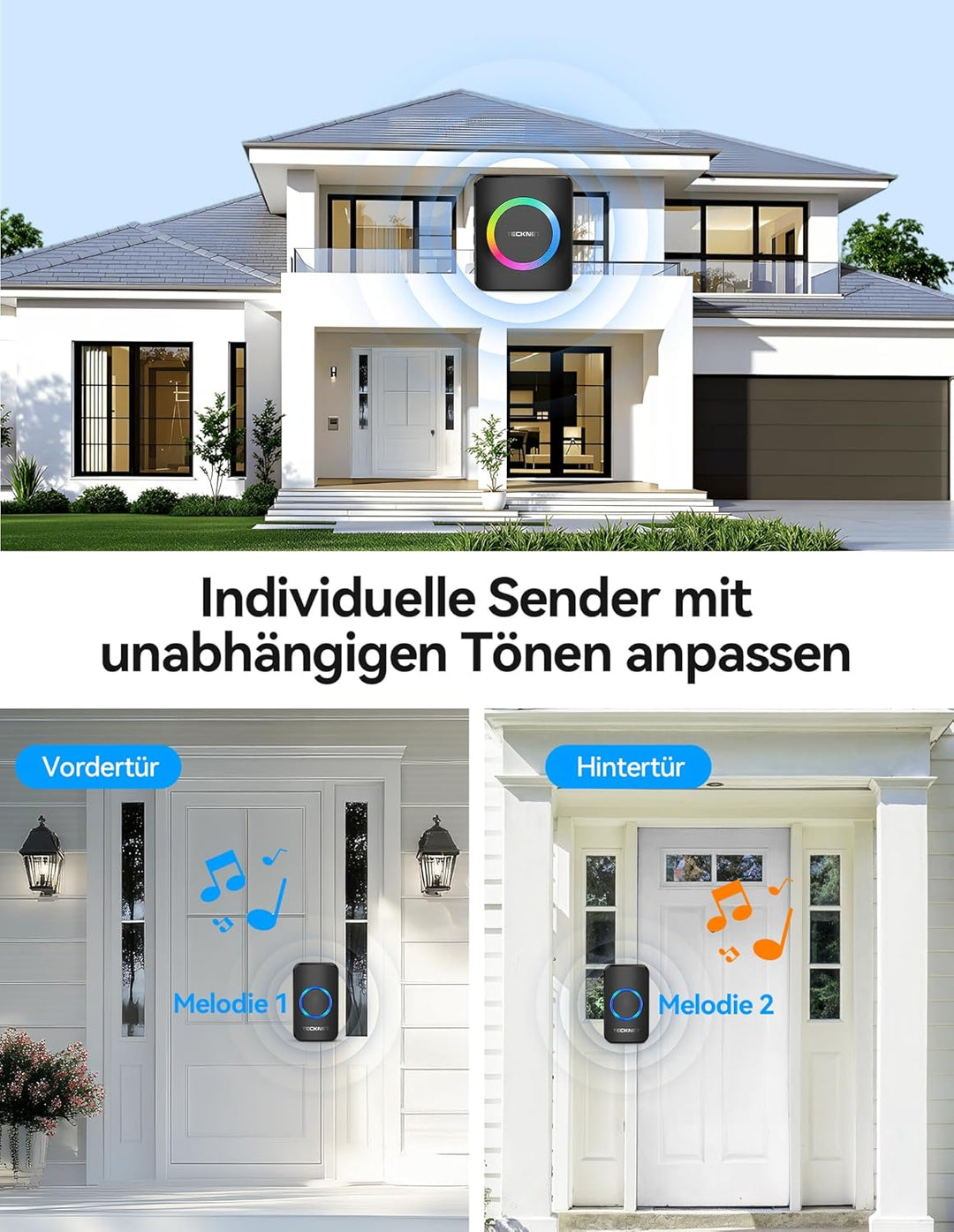 TECKNET Funkklingel, IP65 Funk klingel Set Aussen Wasserdicht, Kabellose Türklingel 600M Reichweite,