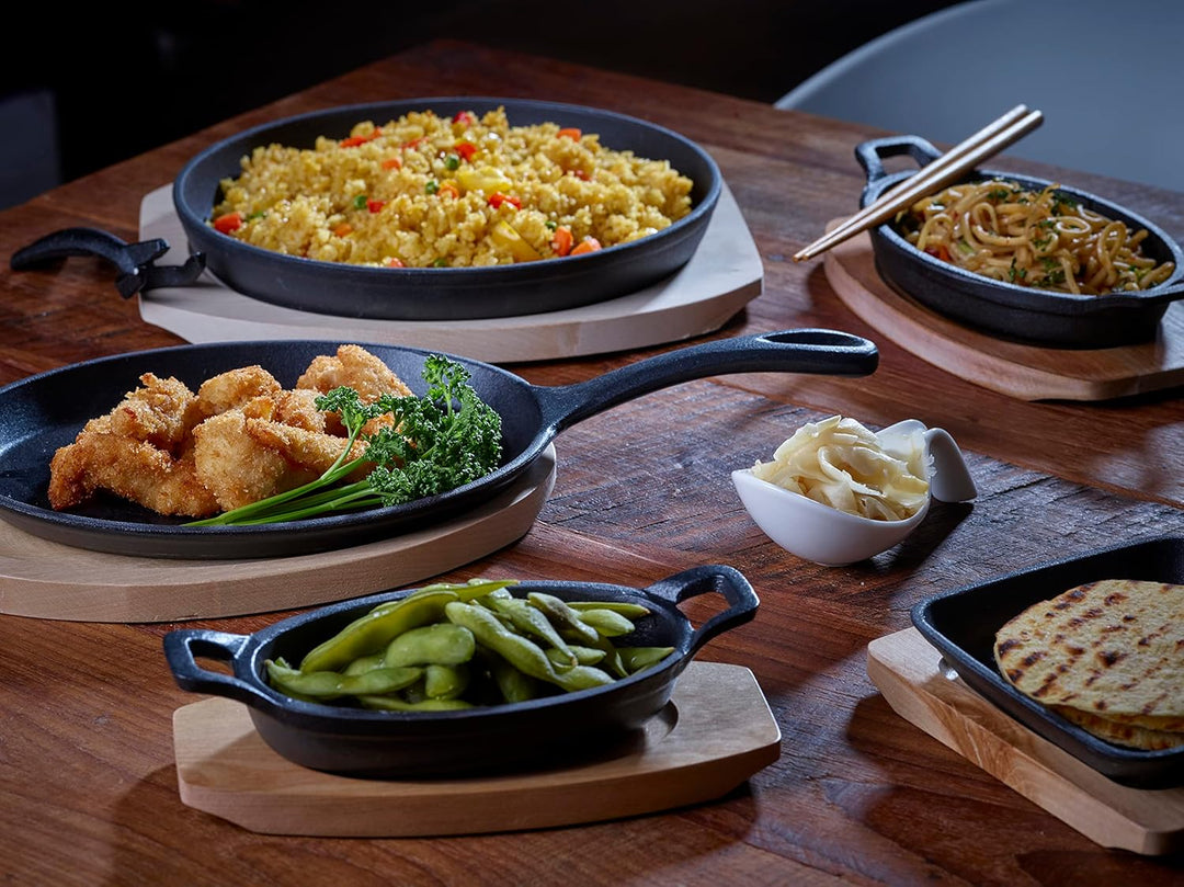 ECHTWERK Servierschalen Set aus Gusseisen, Servierpfännchen, Auflaufform mit Servierbrett, Grillpfan