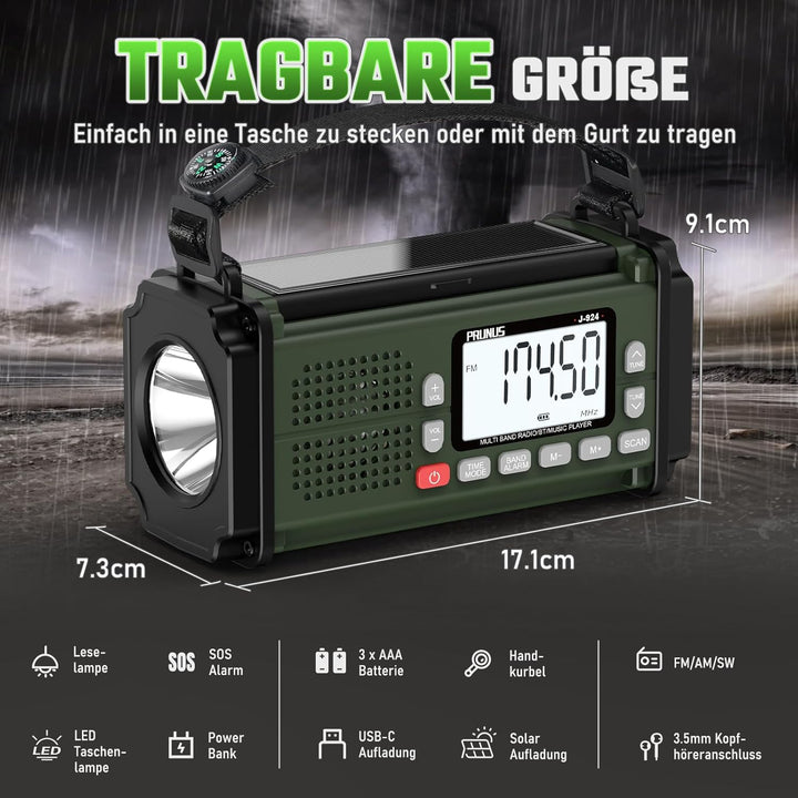PRUNUS J-924S AM/FM/SW Kurbelradio Notfall Weltempfänger, Notfallradio mit 10000mAh Akku, Solar Radi