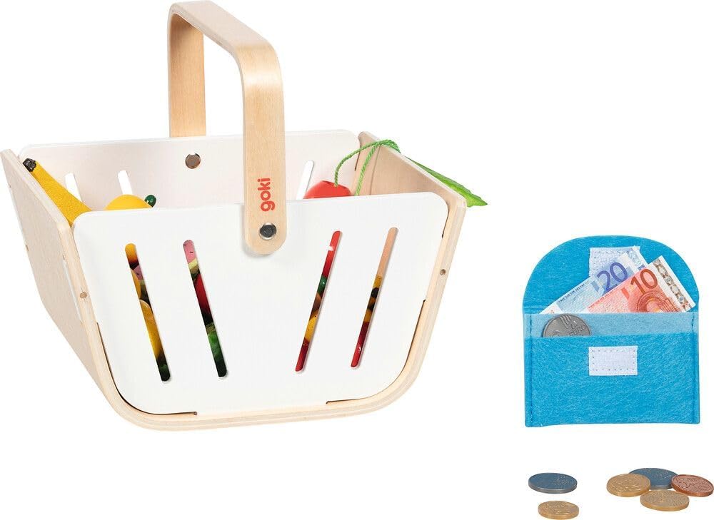 goki 51428 - Einkaufskorb MiniShopper, Tragekorb aus Holz mit klappbaren Tragegriff & Geldbörse aus