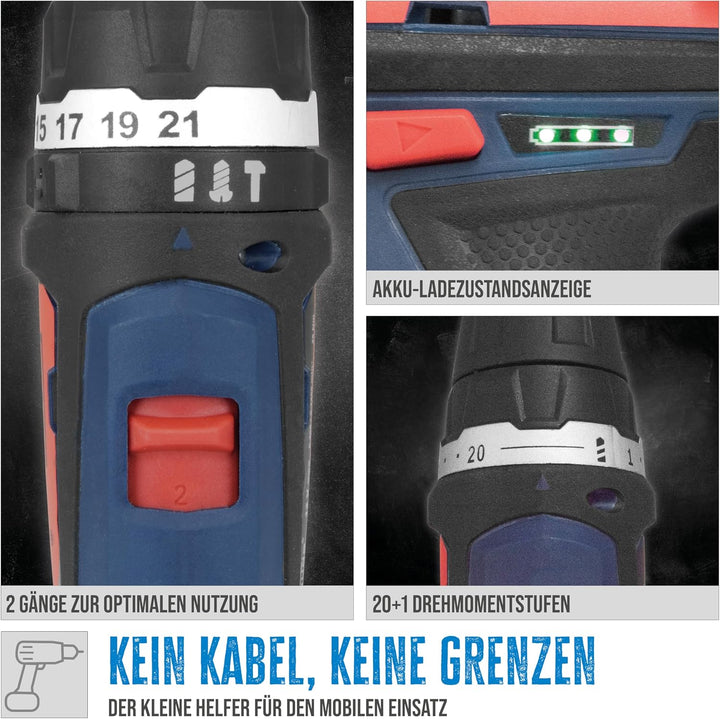 Güde 58601 BS 12-131-04K Akku Bohrschrauber (12V, 20+1 Drehmomentstufen, 6x HSS Bohrer, 6x CR-V Bits