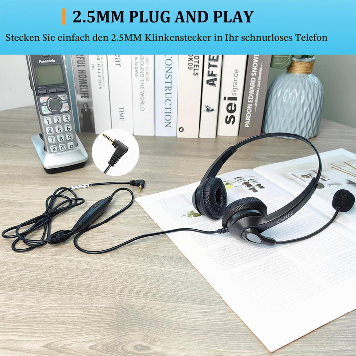 Callez 2,5mm Klinke Headset Telefon mit Mikrofon Noise Cancelling, Schnurlos Festnetz Kopfhörer für