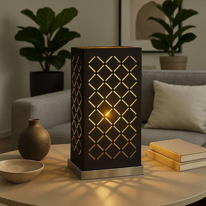Tisch Lampe Textil Strahler Wohn Zimmer Dekor Stanzungen Leuchte schwarz gold Globo 15229T1, bunt, m