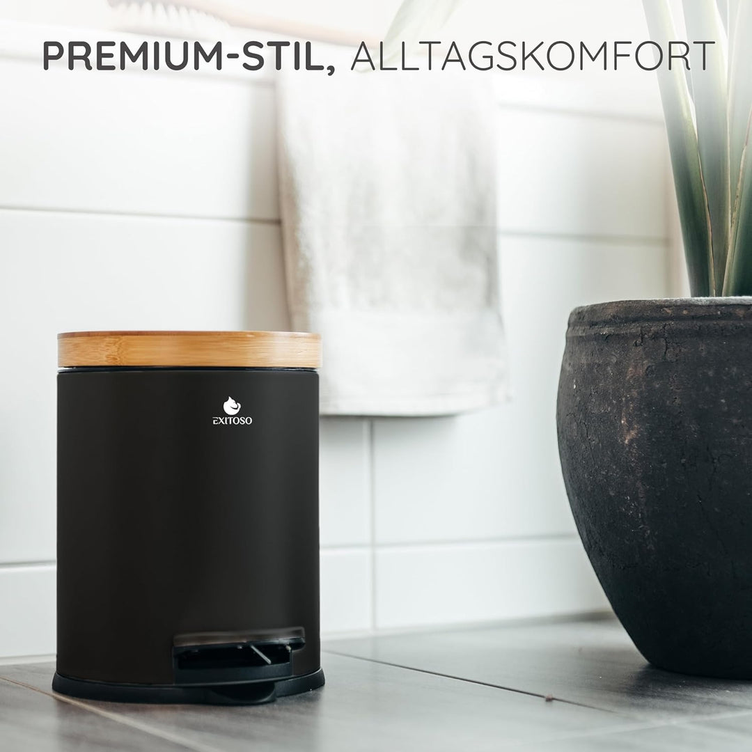 Exitoso 5L Mülleimer Bad Schwarz - Kosmetikeimer mit Bambus-Holzdeckel und Absenkautomatik - mit Rut