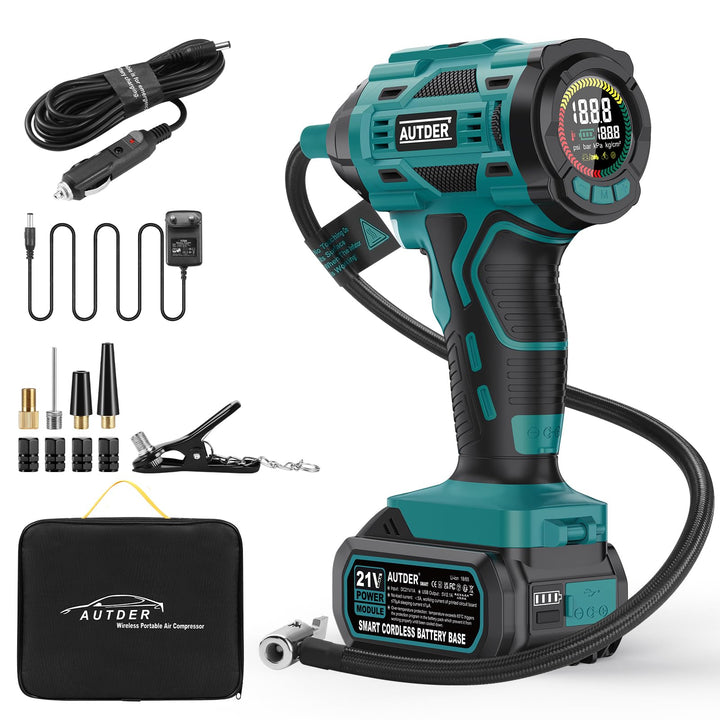 AUTDER 21V Akku Luftkompressor - 12,4 Bar/180 PSI Hochdruck Elektropumpe mit LED-Licht & Kühlsystem,
